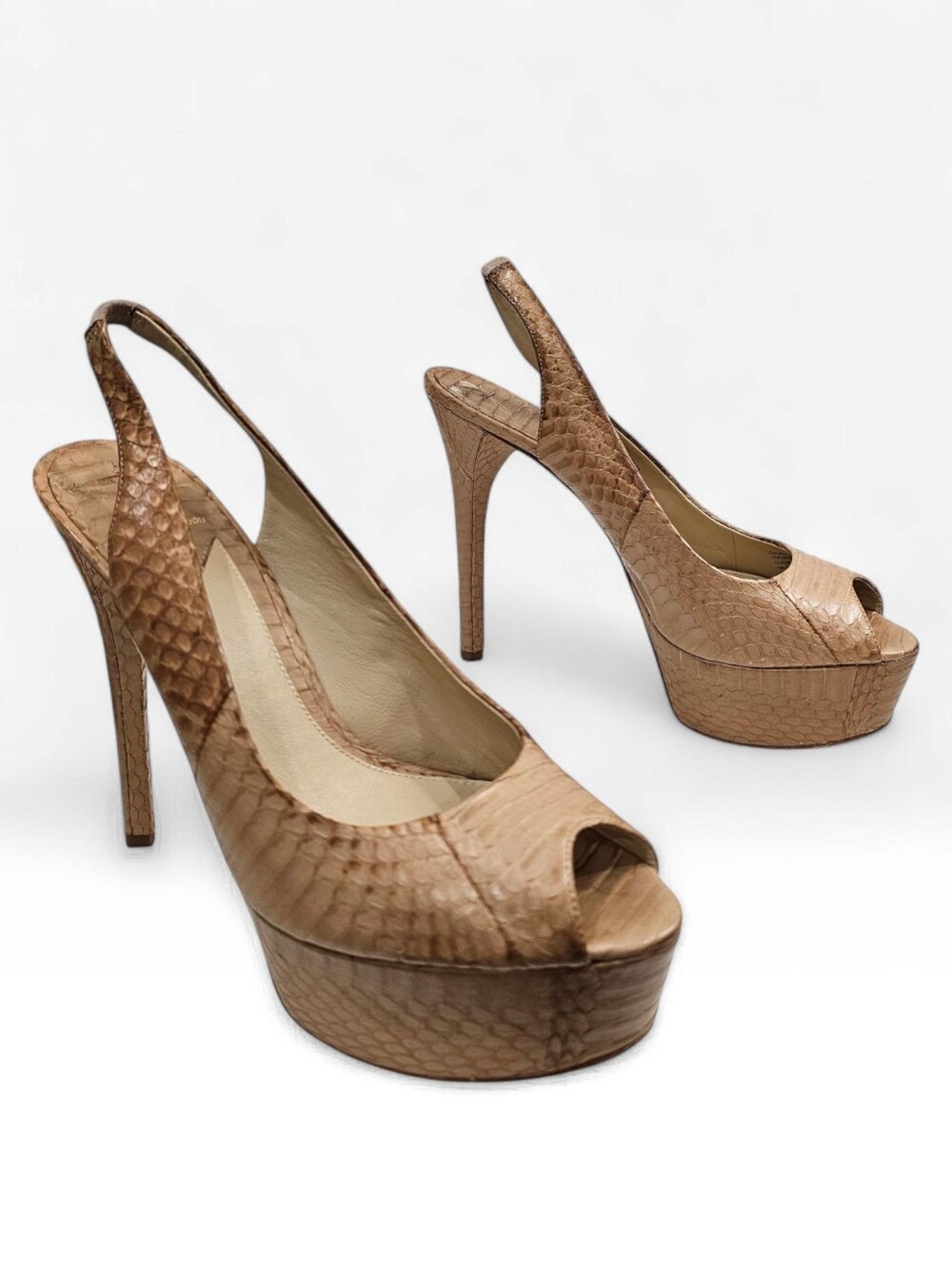 B BRIAN ATWOOD Tan Nude Snake Print Leather Platform Peep Toe Slingback Pumps 9